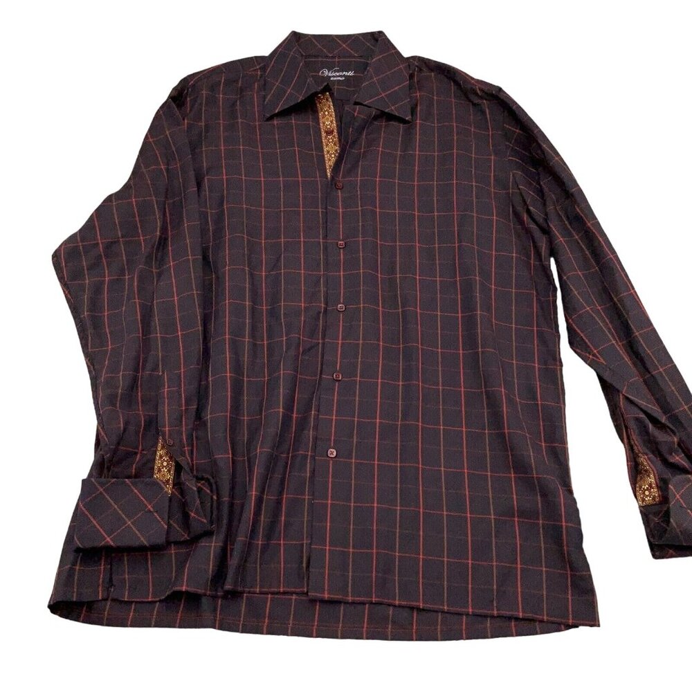Visconti Uomo Shirt Men 48 Brown Red‎ Check Plaid Contrast Trim Cotton Italy